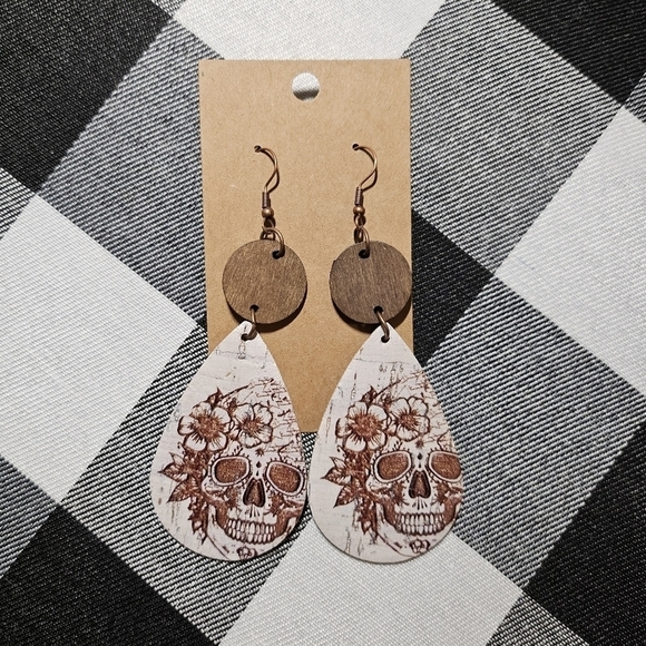 Handmade Faux Leather & Wood Sugarskull White 4in Teardrop & Circle Dangle Earri - Picture 1 of 3